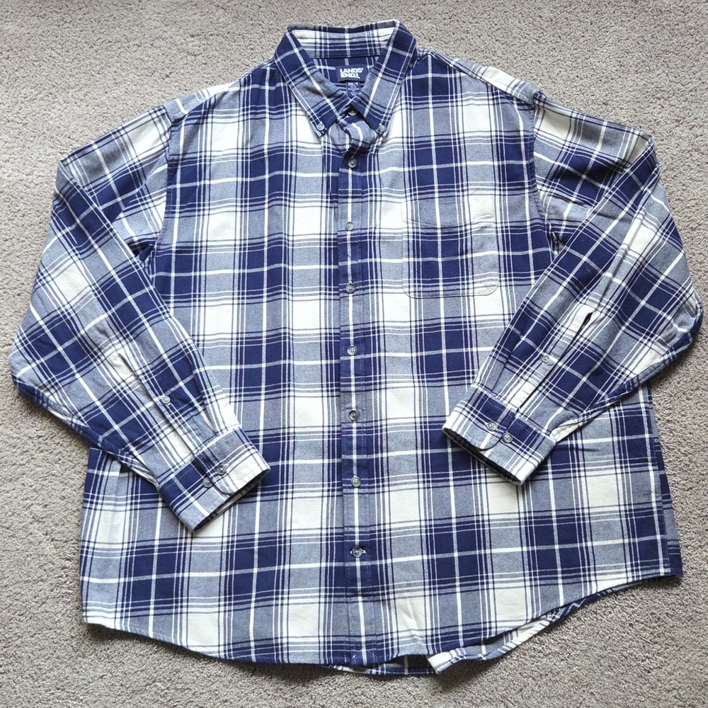 Lands' End Mens Navy Blue & White Plaid Button-Down Flannel Shirt, Size 2XL Tall